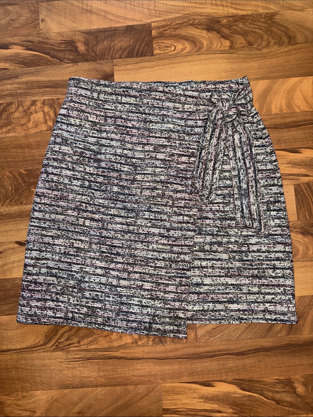 LOFT Pink and Black Tweed Mini Skirt with Tie Detail